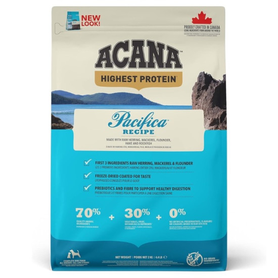 ACANA Highest Protein Pacifica – hrană uscată fără cereale pentru câini, bogată în proteine din pește, 2 kg